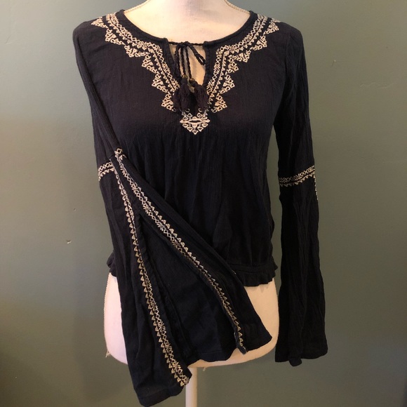 Hollister Navy Blue Embroidered Slit Bell Sleeve - Picture 1 of 4